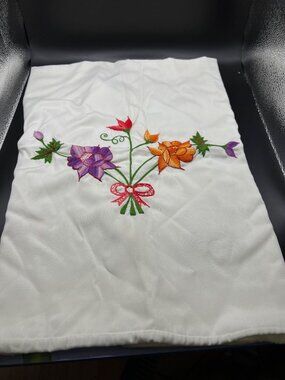 Hand-Embroidered Vintage Floral White Pillowcase Blue Scalloped Edges vintage